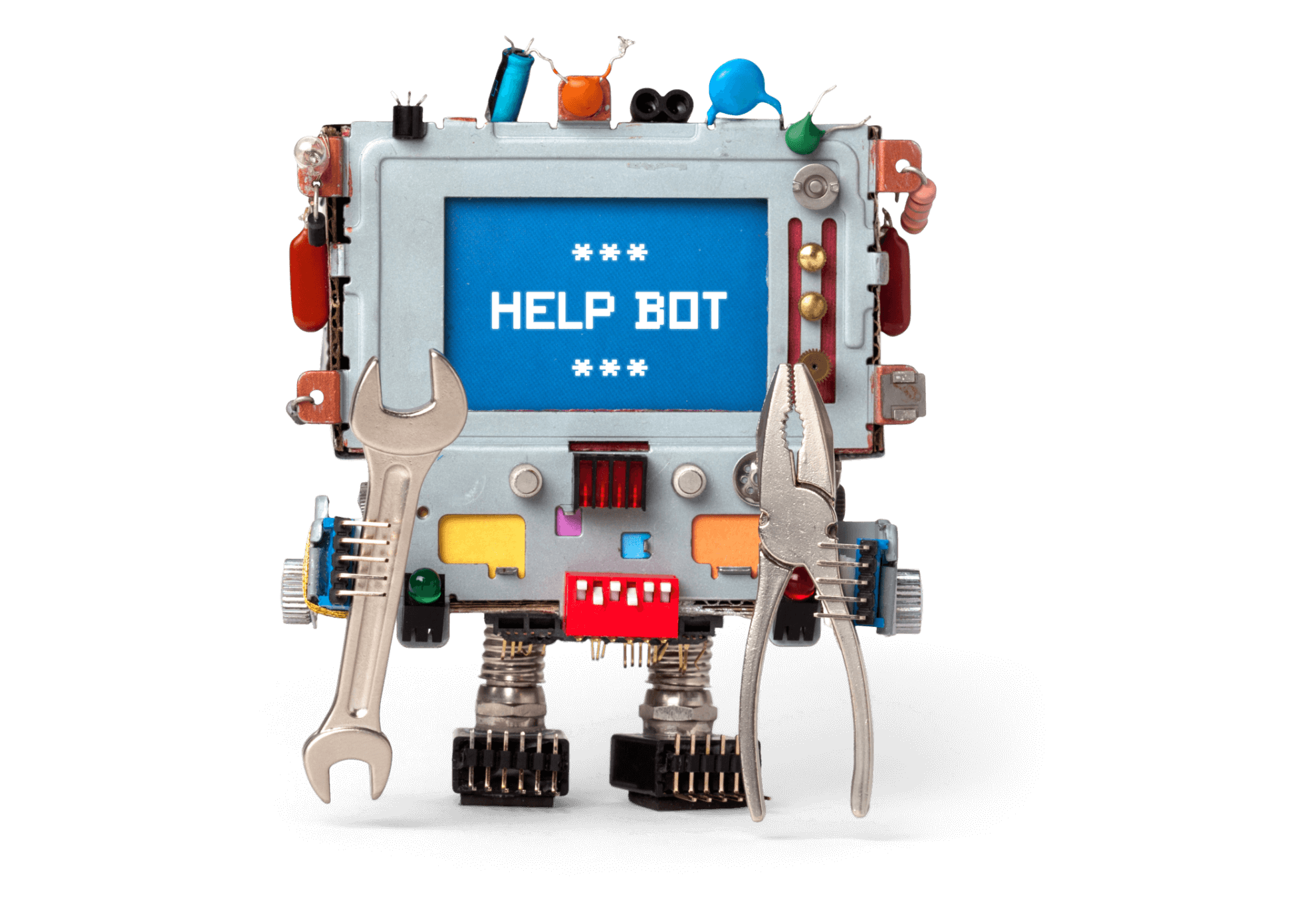 Roboter mit Display, welches Help Bot anzeigt