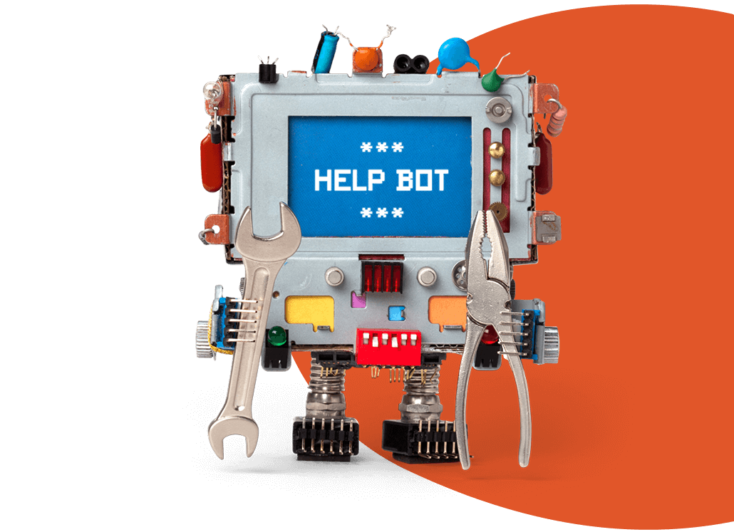 Roboter mit Display, welches Help Bot anzeigt